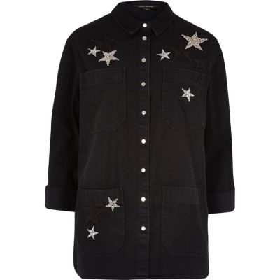 Black denim star embellished shacket